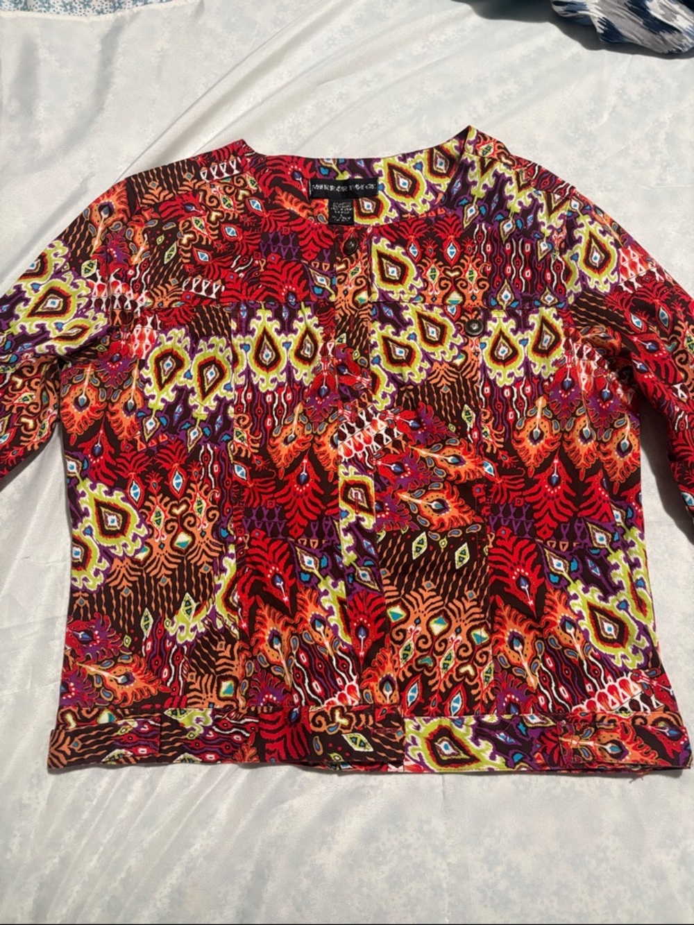 Bold Red Multi-Pattern Button-Down Blouse - Picture 2 of 10